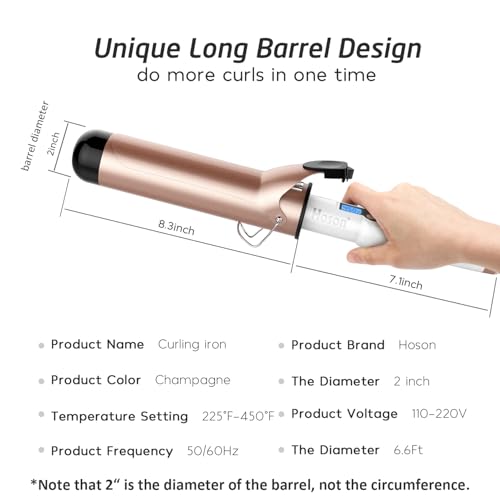 Hoson 2 Inch Curling Iron Large Barrel, Long Barrel Curling Wand Dual Voltage, Ceramic Tourmaline Coating with LCD Display, Glove Include - Image 5