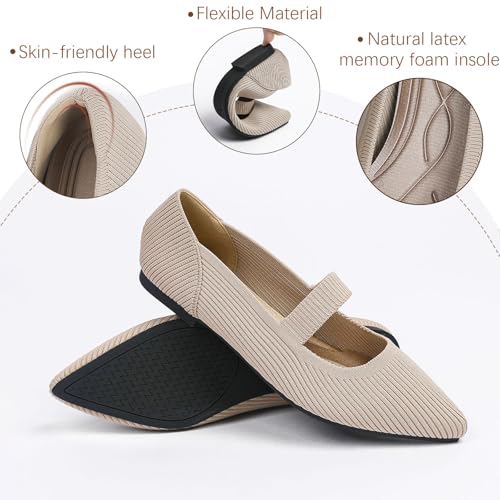 TINGRISE Women's Flats Shoes Pointed Toe Knit Washable Ballet Comfortable Dressy Mary Jane Flat Beige US6.5 - Image 2