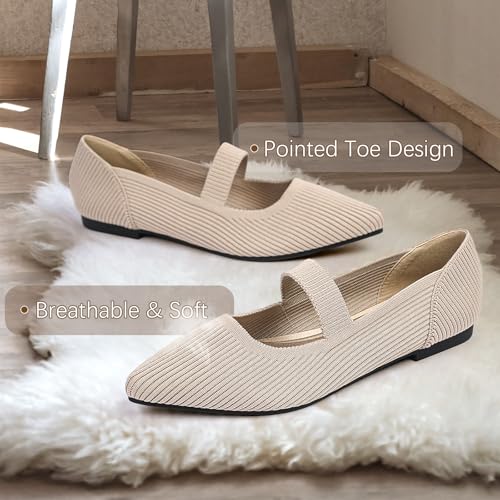 TINGRISE Women's Flats Shoes Pointed Toe Knit Washable Ballet Comfortable Dressy Mary Jane Flat Beige US6.5 - Image 3