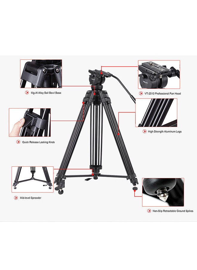 Kingjoy - KINGJOY VT-2500 Professional Mg-Al Alloy Video Photo Tripod Kit 360°Panorama Pan Fluid Ball Head for DSLR Camera Video Recorder DV Max Height 61 Inch Max Load 15KG - Image 1