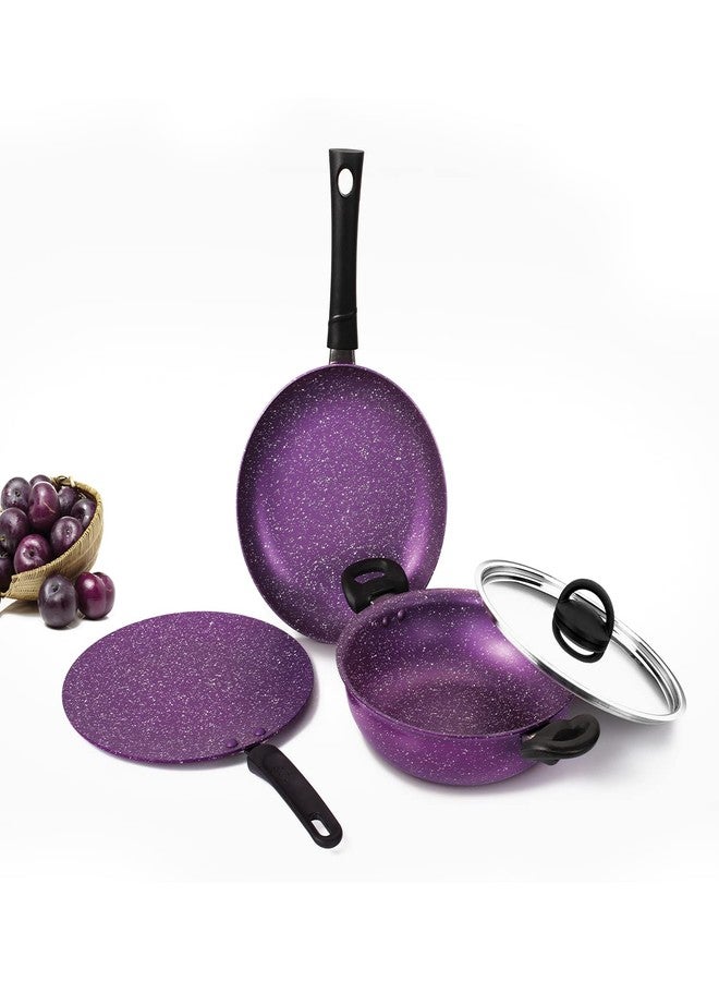 Alda Non Stick Cookware Set 4-Piece (Wok with Lid, Fry Pan, Crepe Pan) - Plum 3mm Induction Friendly | 1 Year Warranty - Image 1