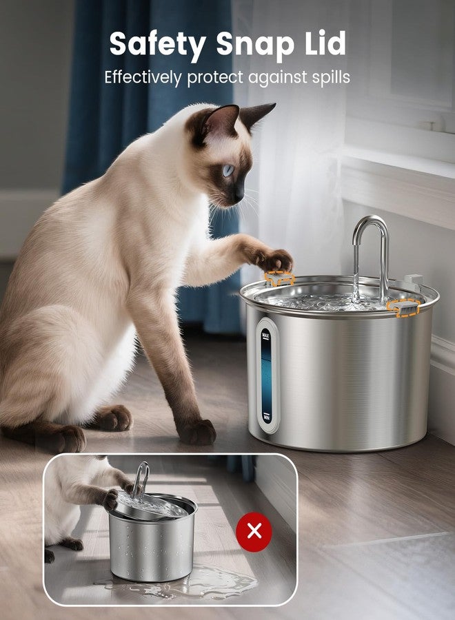oneisall 2L Stainless Steel Cat Water Fountain with Snap, Anti-Spill Cats Water Fountains with Quiet Pump,Continuous Fresh Water Supply,Pet Water Fountain for Single Kitty & Small Pets - Image 2