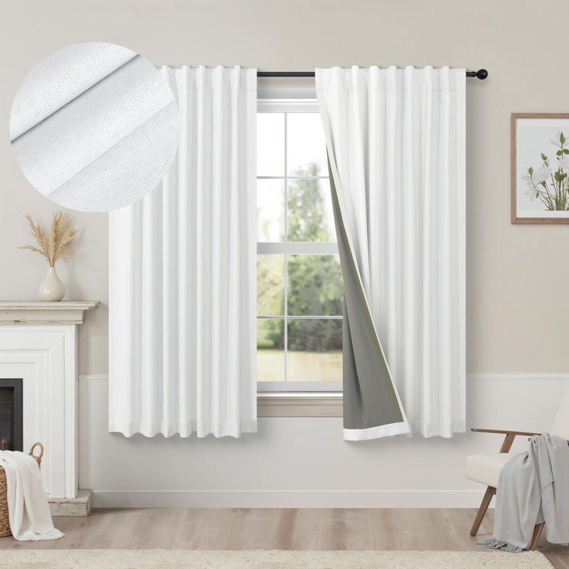 Pitalk Short Small Window Room Darkening Curtains 58 Inches Long for Bedroom Basement Linen Cotton Textured Sunblock Heat Blocking Soundproof White Blackout Curtain Back Tab Pleated Drape 58 Length 2 Panels  - Image 1
