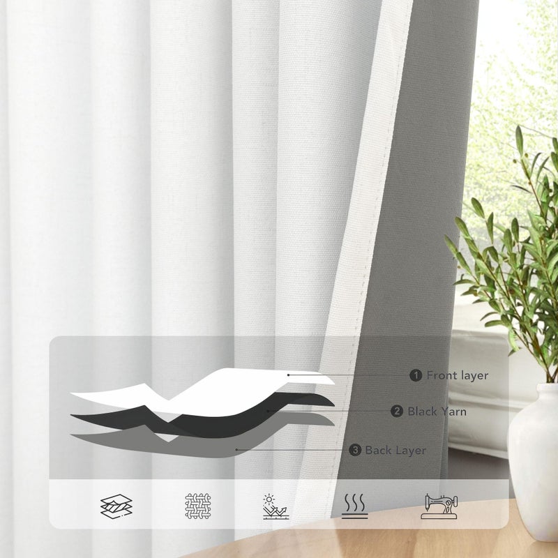 Pitalk Short Small Window Room Darkening Curtains 58 Inches Long for Bedroom Basement Linen Cotton Textured Sunblock Heat Blocking Soundproof White Blackout Curtain Back Tab Pleated Drape 58 Length 2 Panels  - Image 5