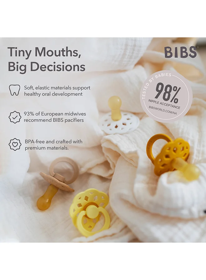 BIBS Baby Pacifier Boheme, Made with Natural Rubber Latex, Round Nipple, Mouth Skin Sensitive, Soft, Flexible, For Babies 6 Months and Above, BPA-free, White/ Sunshine Colour, Pack of 2, Size 2