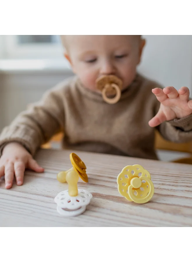BIBS Baby Pacifier Boheme, Made with Natural Rubber Latex, Round Nipple, Mouth Skin Sensitive, Soft, Flexible, For Babies 6 Months and Above, BPA-free, White/ Sunshine Colour, Pack of 2, Size 2