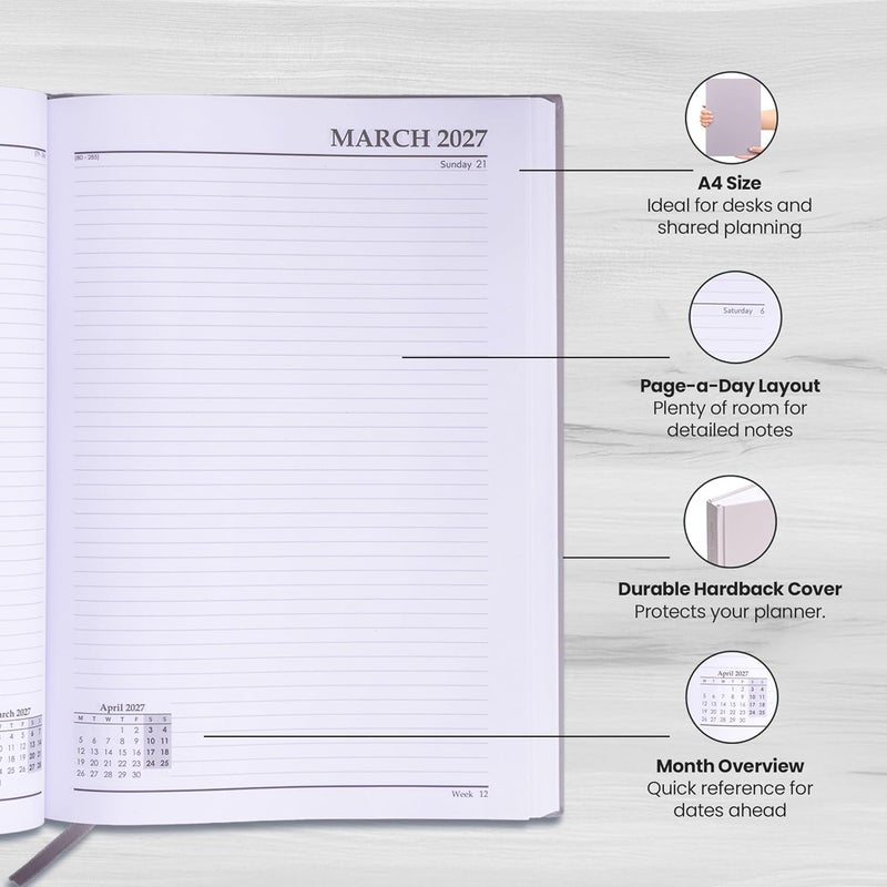 evelay 2025 A4 A5 Day to Page Diary Full Year Planner Desk Hardback Academic Organiser for Home Office School (A4 Page a Day, Light Grey) - Image 4