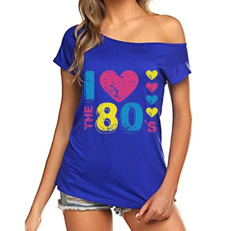 I Love The 80's oblique collar off-shoulder irregular short sleeve T-shirt women - Image 1