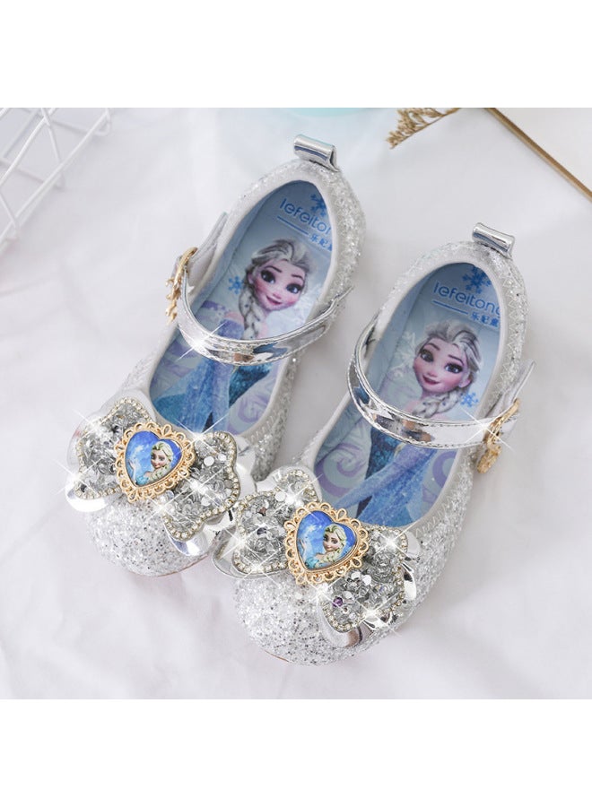 Girls Princess Shoes Aisha Leather Shoes Spring And Autumn New Children's Crystal Bow Flat Children's Shoes Soft Sole Shoes Single Shoes