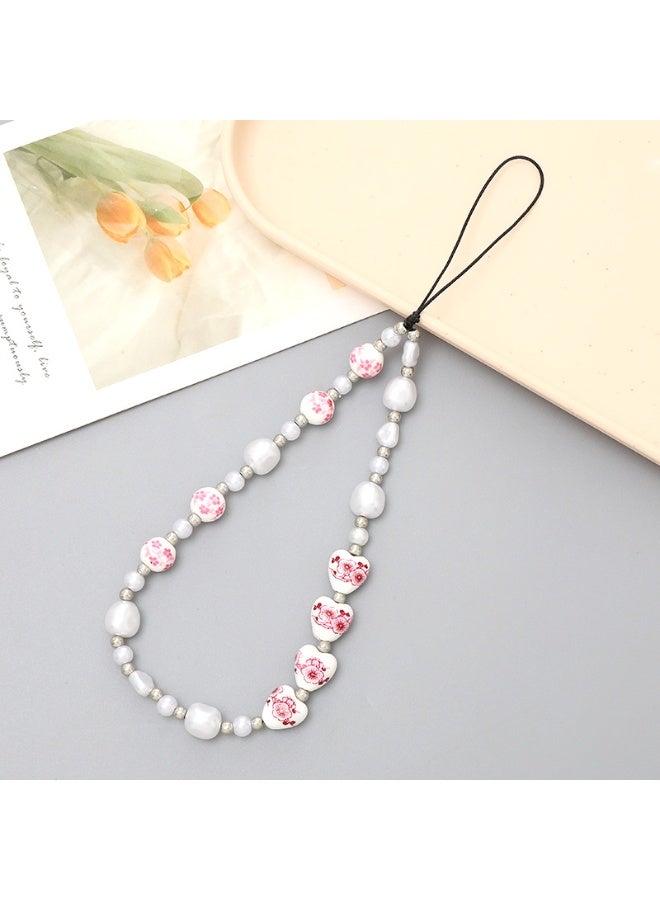 NIBEMINENT Phone Charm/ Chain Strap for Women Girls, Pearl Heart Cell Phone Case Lanyard Wrist Strap