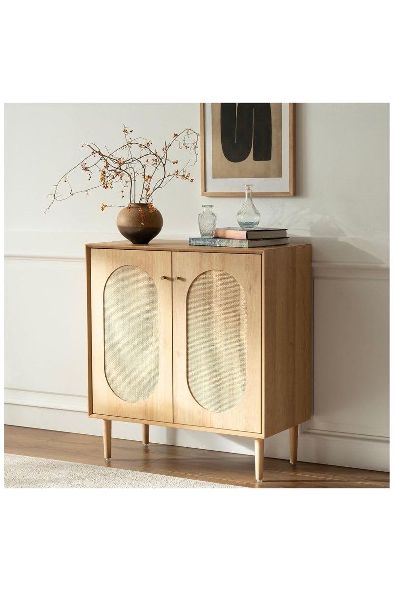 شوغوري خزانة تخزين من الروطان مع أرفف، خزانة بوفيه ضيقة مع أبواب للمطبخ وغرفة الطعام وغرفة المعيشة، خشب بلوط طبيعي - Image 1