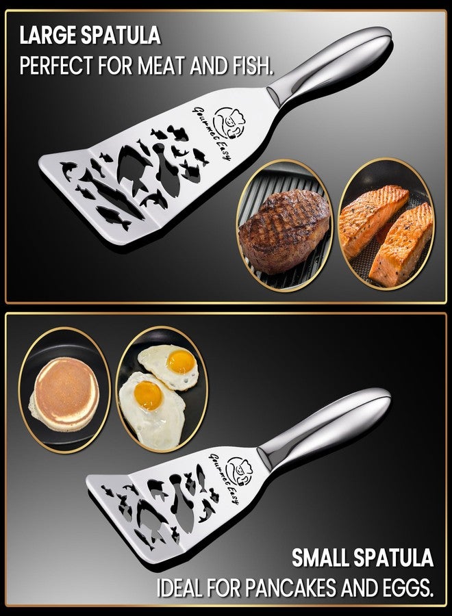 Gourmet Easy طقم ملاعق تقليب السمك من الفولاذ المقاوم للصدأ - إصدار السمك المميز، ملعقة تقليب سمك كبيرة + ملعقة معدنية صغيرة، حافة رفيعة للغاية لسهولة التقليب والتحريك، مقبض مريح مانع للانزلاق، آمن للغسل في غسالة الأطباق - Image 3
