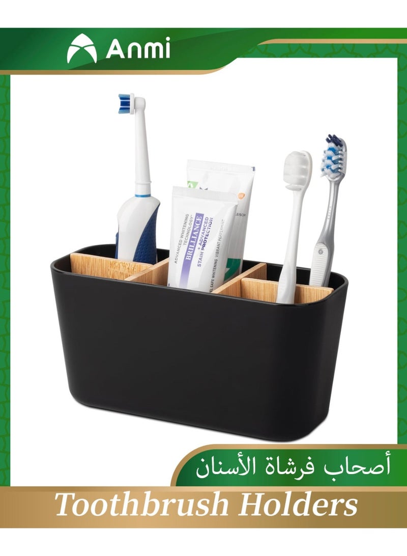 Anmi Toothbrush Holders for Bathrooms, Bamboo Tooth Brush Holder with 5 Slots,  Bathroom Vanity Organizer Countertop for Electric Toothbrushes, Toothpaste, Razors - Black - Image 1