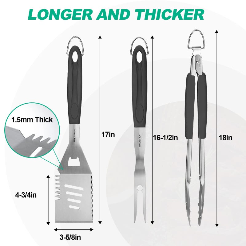 HAUSHOF Large Grill Accessories Heavy Duty BBQ Set Gifts for Men/Women - Premium Stainless Steel Spatula, Fork & Tongs, Barbecue Utensils Tool Kit Gift for Grilling Lover Outdoor - Image 2