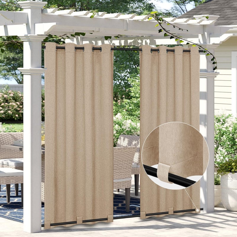 Easy-Going Linen Look Outdoor Curtains Waterproof Windproof Porch Curtains, Soft Thicken Outdoor Privacy Curtains for Patio, Gazebo, Grommet Top and Tab Bottom Drape, 2 Panels, 54x96 inch, Beige - Image 1
