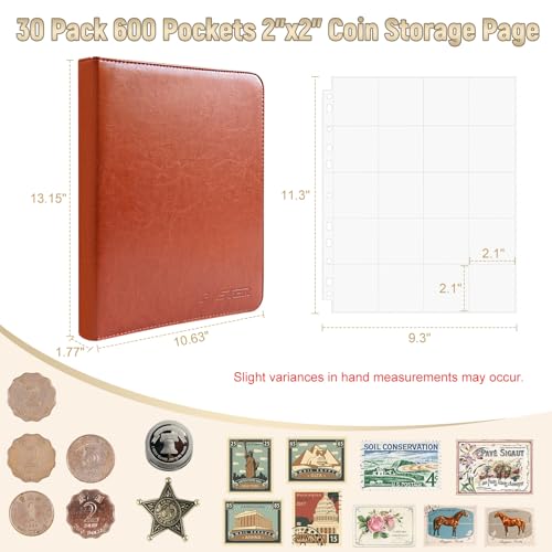 BYSTER Coin Collection Book, 30 Pack 600 Pockets Coin Sleeves, Coin Collection Holder Album, Coin Collection Organizer Storage Box Case (Coin Flips Not Included), Reddish Brown - Image 2
