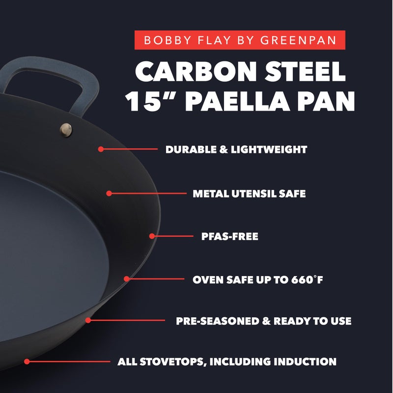 GreenPan x Bobby Flay 15â€ Carbon Steel Paella Pan, Pre-Seasoned, Nontoxic, PFAS-Free, Induction Compatible, Flat Bottom, Rice & Seafood Dishes, High Heat & Oven Safe Durable, Cast Iron Alternative - Image 3