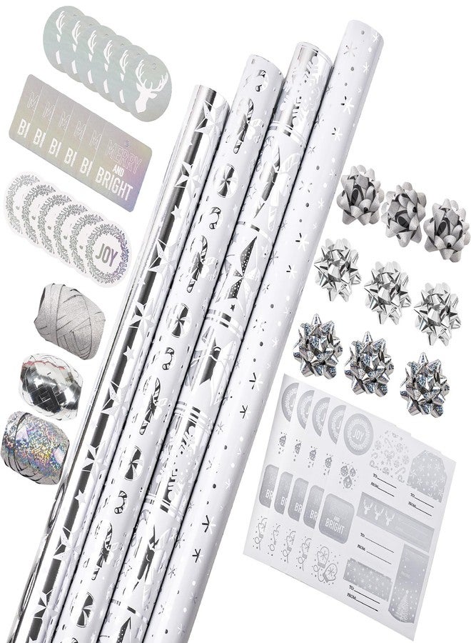 WRAPAHOLIC Silver Christmas Wrapping Paper Set - Silver Snowflakes and Candy Cane Holiday Collection with Metallic Foil Shine Wrapping Paper Bundle with Gift Bow & Ribbon & Tag & Sticker - Image 1