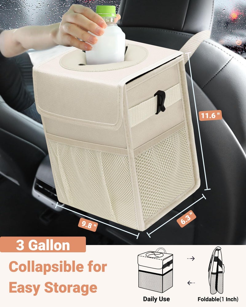 Capolo Car Trash Can with Lid, Leakproof Car Trash Bag Hanging Waterproof Automotive Garbage Can with Storage Pockets Mini Vehicle Trash Bin for Back/Front Seat(Beige,3 Gallon) - Image 2