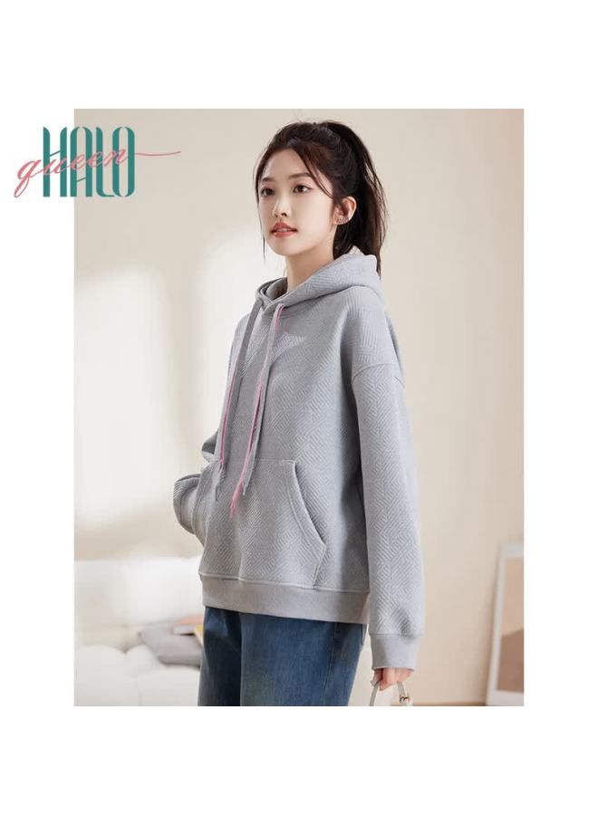 HALOQUEEN Halo Queen Fleece-lined Hoodie For Women With Contrasting Color Drawstring Pockets, Fashionable Warm Pullover Top New Arrival - Image 4