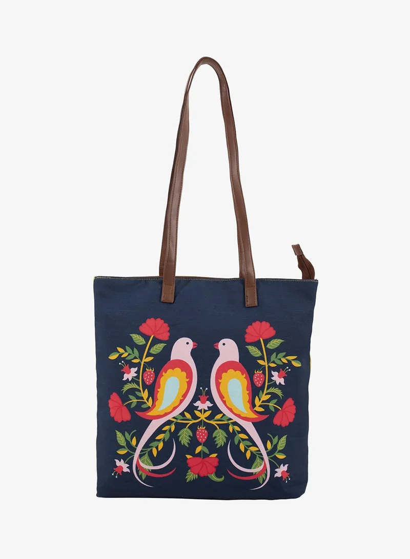 Chumbak Teal By Chumbak Feathered Mates Navy Tote Bag