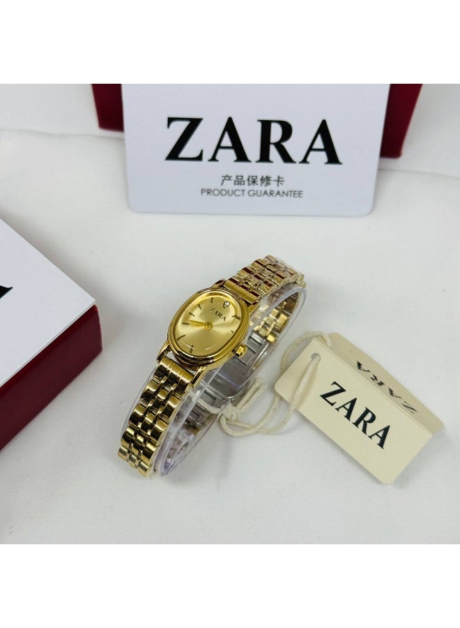 ZARA Elegant Women's All-Gold Oval Watch | Minimalist Gold Dial with Crystal Accent | Stainless Steel Bracelet