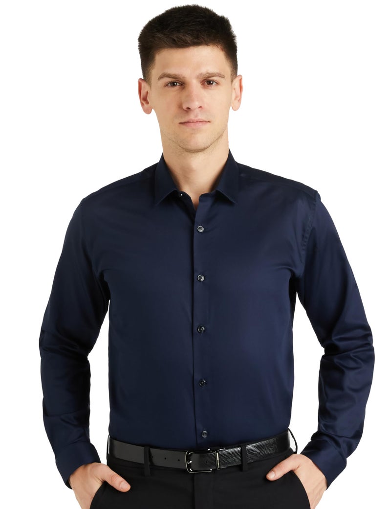 Van Heusen Men's Cotton V Dot Solid Slim Fit Shirt (VDSFESLFB80727_Navy 44) - Image 1