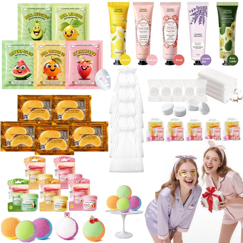 CHANGARLOAD 35 Pcs Spa Party Supplies for 5 â€“ Spa Gifts for Women, Girls & Kids | Spa Set with Eye & Face Masks, Lip Balm, Hand Cream, Bath Bombs, Towels & Gift Bags | Spa Kit for Birthdays, Sleepovers, Spa Days - Image 1
