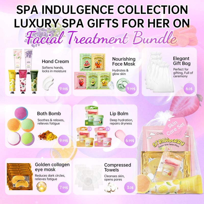 CHANGARLOAD 35 Pcs Spa Party Supplies for 5 â€“ Spa Gifts for Women, Girls & Kids | Spa Set with Eye & Face Masks, Lip Balm, Hand Cream, Bath Bombs, Towels & Gift Bags | Spa Kit for Birthdays, Sleepovers, Spa Days - Image 2
