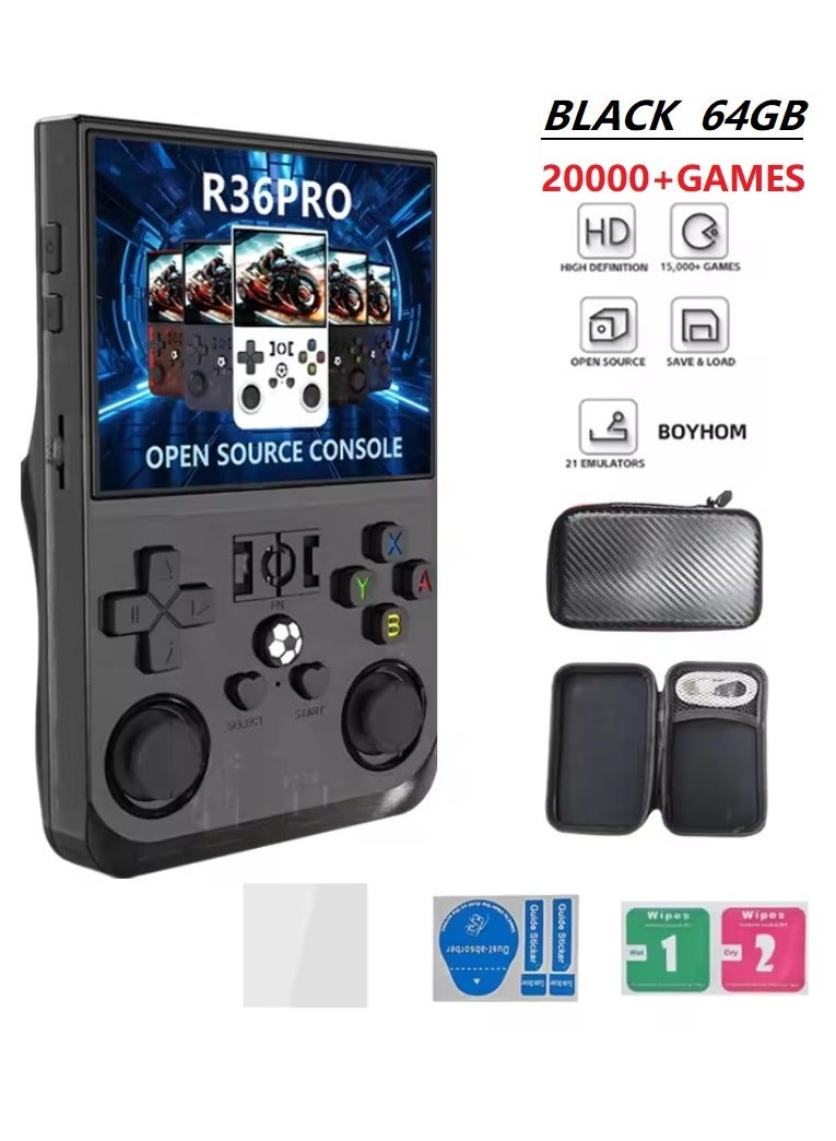 Retro Handheld R36PRO Game Console With 64G TF Card,Support 20000+Games,3.5 Inch IPS Portable Rechargeable Open Source Game Console Emulator ,Support WiFi.(Black)  - Image 1