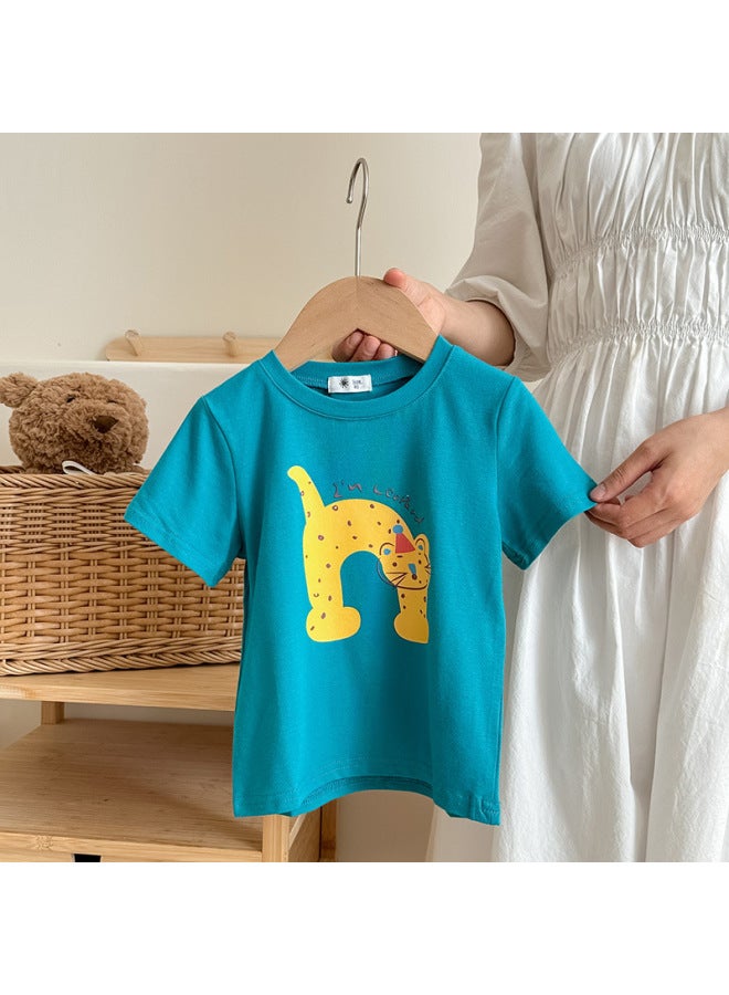 Boys' Cartoon Print Short-sleeved T-shirt Elastic Top Kidsren's Clothing Summer New Style Kidsren's Cotton Kidsren's Clothing Girls Trendy