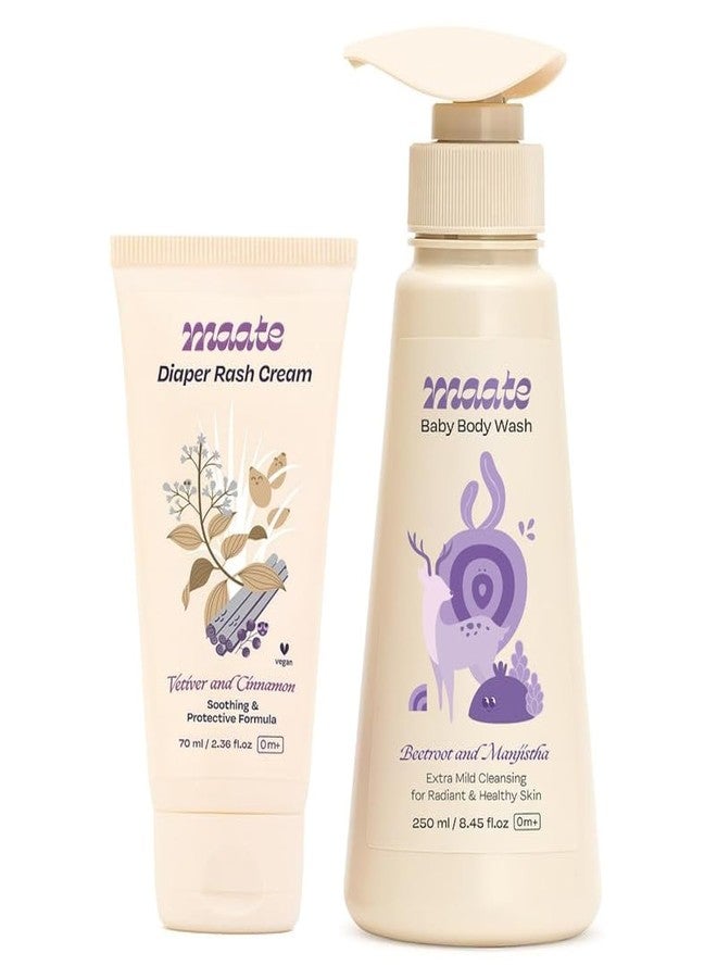 Maate Baby Body Wash 250 ml & Diaper Rash Cream 70 ml Combo | Natural Care with Beetroot, Aloe Vera & Avocado Oils | Tear-Free, Soothing, pH Balanced for Sensitive Skin | Babies & Kids 0m+ - Image 1