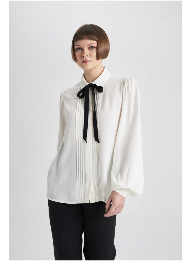 DeFacto - Woman Regular Fit Shawl Neck Smart Casual Woven Long Sleeve Shirt - Image 1