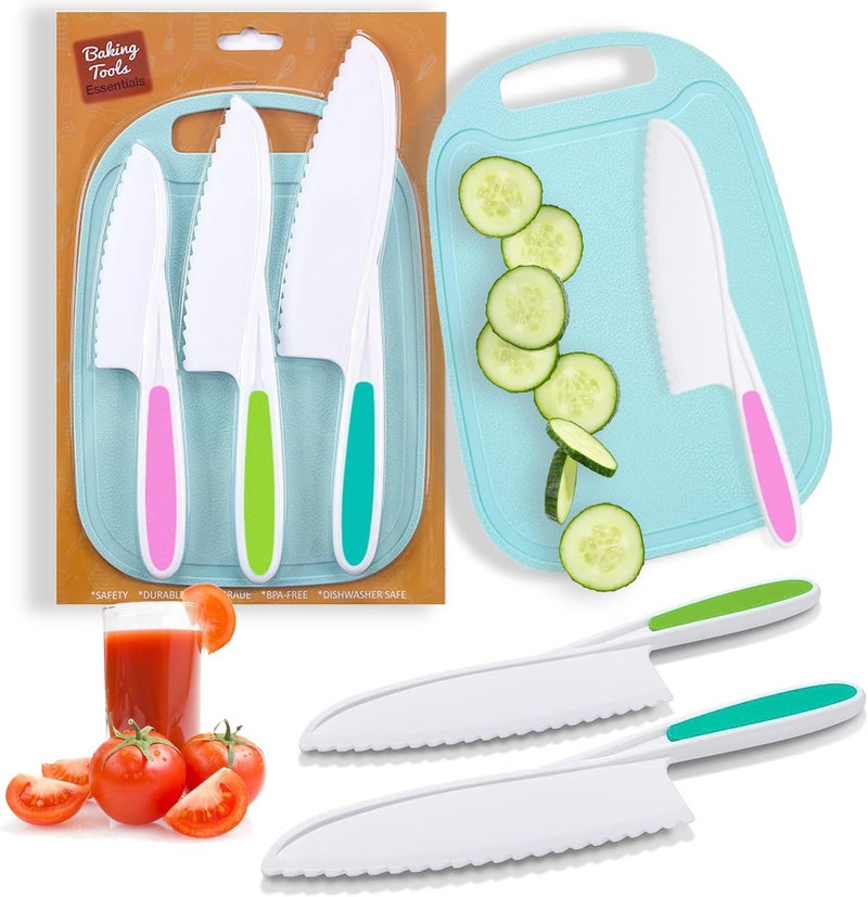 GONEJALL Kids Knife Set for Real Cooking, 4 Pieces Toddler Knife Set, Nylon Kitchen Baking Knife with Cutting Board, Firm Grip, Serrated Edges Kids Knives for Cutting Cakes, Fruit, Veggies & Bread - Image 1