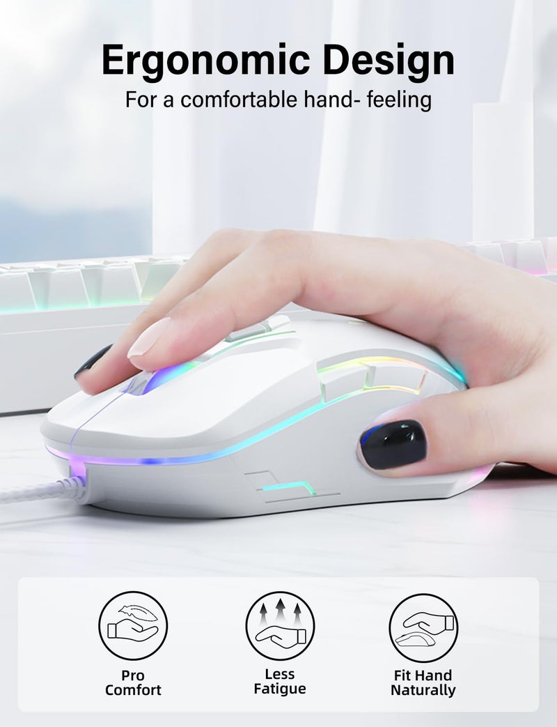 ONITOON Wired USB Mouse, Computer Mouse with RGB Lighting, 4 Adjustable DPI, Ergonomic Optical Office Mouse, 7 Buttons Corded Mice for Window/PC/Laptop/Desktop/Mac/Chromebook, White - Image 5