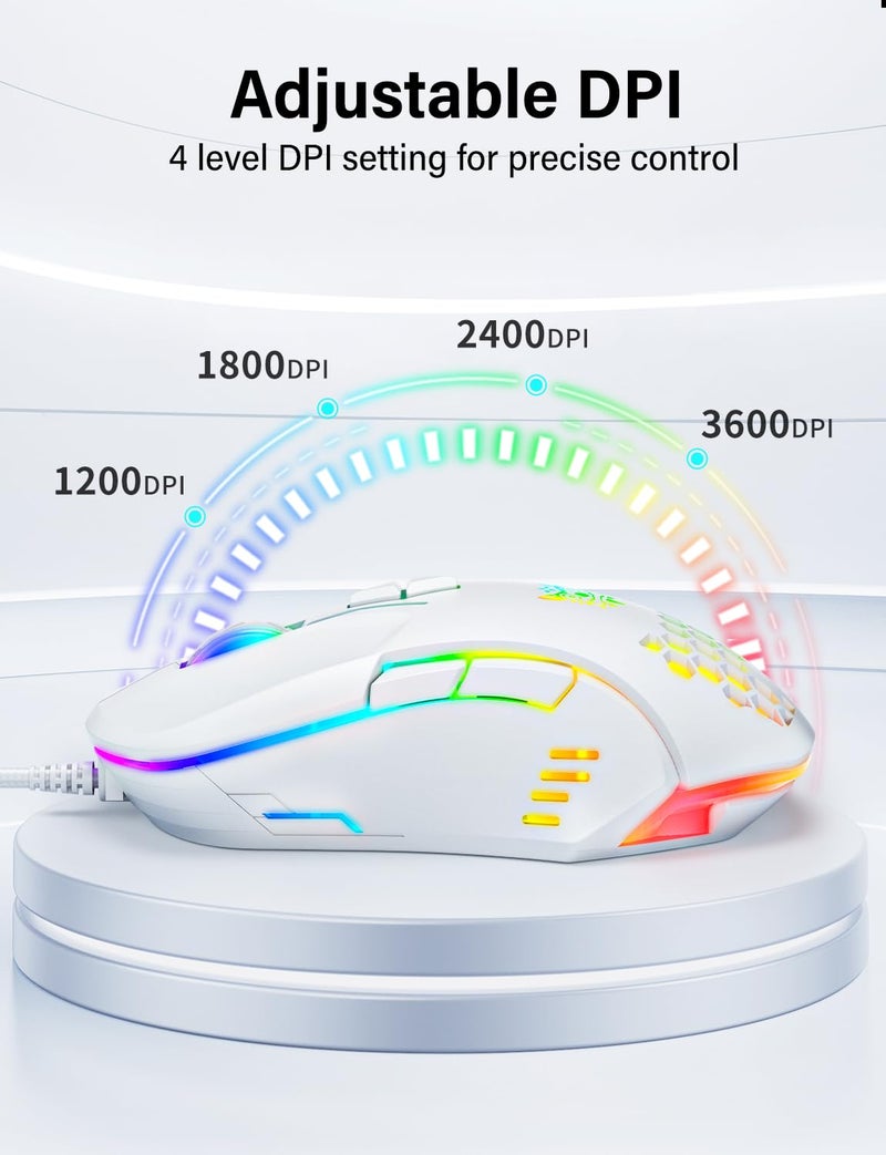 ONITOON Wired USB Mouse, Computer Mouse with RGB Lighting, 4 Adjustable DPI, Ergonomic Optical Office Mouse, 7 Buttons Corded Mice for Window/PC/Laptop/Desktop/Mac/Chromebook, White - Image 4