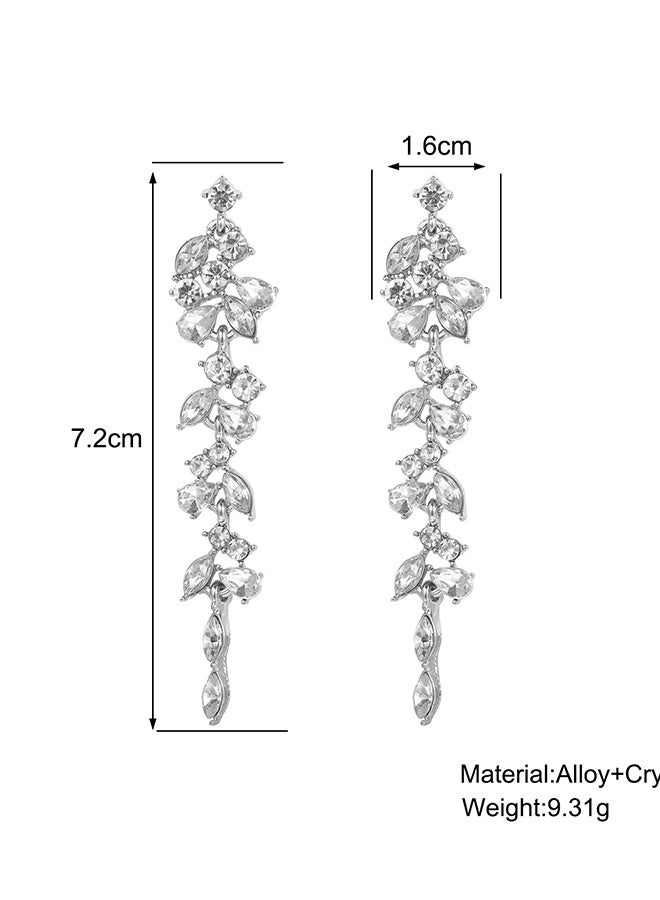 Silver Pin Inlaid Leaf Pendant Earrings Dangle Earrings for Women Rhinestones Cubic Zirconia Long Tassel Drop Earrings Silver Crystal Earrings Brides Bridesmaids Wedding Trendy Earrings Prom Jewelry - Image 2