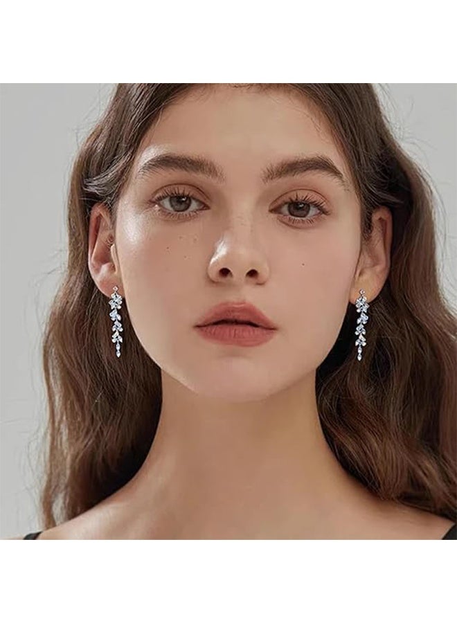 Silver Pin Inlaid Leaf Pendant Earrings Dangle Earrings for Women Rhinestones Cubic Zirconia Long Tassel Drop Earrings Silver Crystal Earrings Brides Bridesmaids Wedding Trendy Earrings Prom Jewelry - Image 4