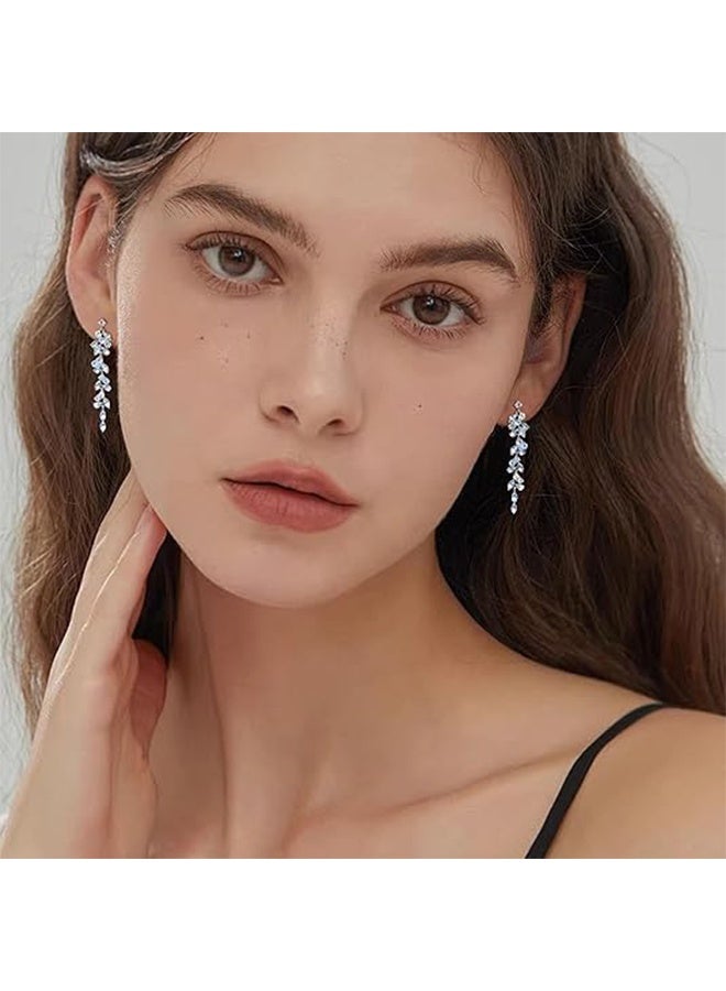Silver Pin Inlaid Leaf Pendant Earrings Dangle Earrings for Women Rhinestones Cubic Zirconia Long Tassel Drop Earrings Silver Crystal Earrings Brides Bridesmaids Wedding Trendy Earrings Prom Jewelry - Image 5