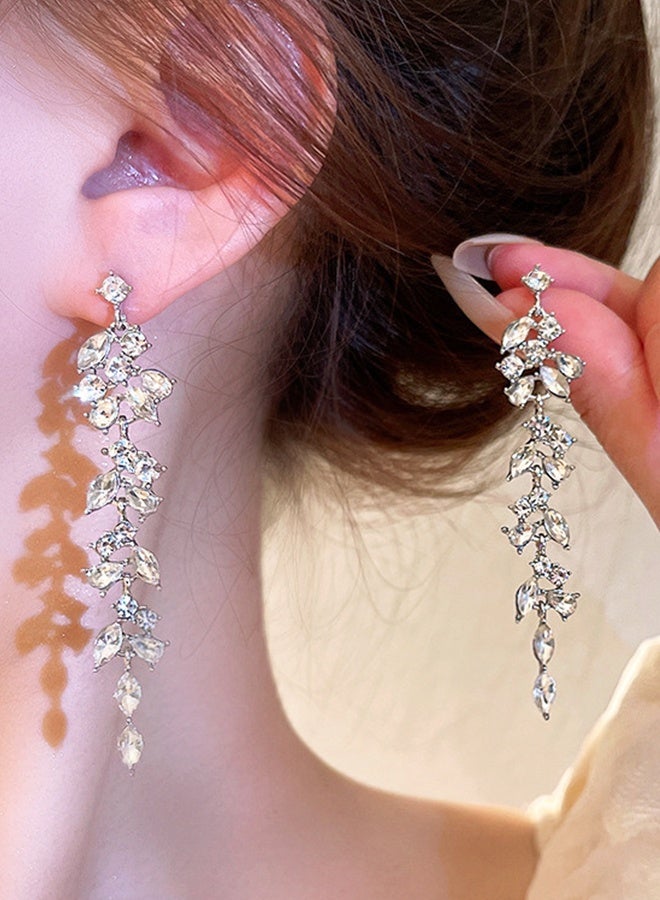 Silver Pin Inlaid Leaf Pendant Earrings Dangle Earrings for Women Rhinestones Cubic Zirconia Long Tassel Drop Earrings Silver Crystal Earrings Brides Bridesmaids Wedding Trendy Earrings Prom Jewelry - Image 1