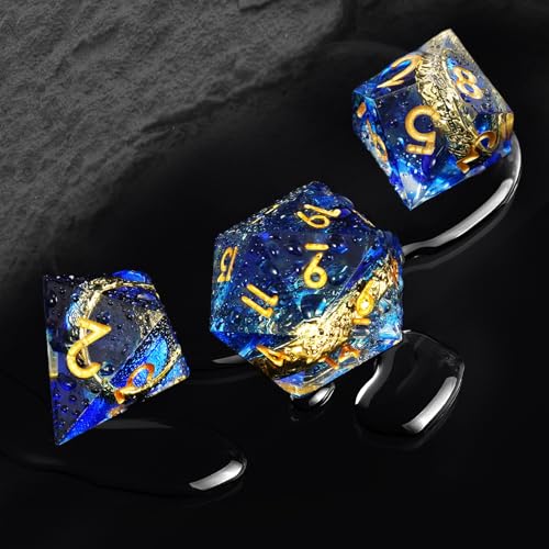 EZUO Golden Ring DND Dice Set 7pcs DD Polyhedral Sharp Edge Resin Dice with Box Rings Dice Set for Role Playing Dungeons and Dragons Playing Games for D and D MTG RPG Table Game Gifts Blue - Image 5