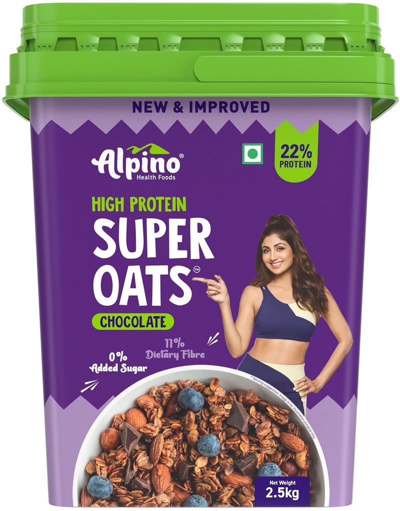 Alpino Super Oats Chocolate 2.5kg 22% High Protein – Rolled Oats, Natural Peanut Butter, Cocoa Powder, Nuts & Seeds – 22g Protein, Source of Dietary Fibre & Healthy Fats, No Added Sugar & Salt - Image 1