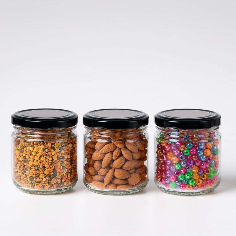 MACHAK Round Glass Jar With Airtight Lid For Kitchen Storage | Glass Food Storage Jars | Grocery Kitchen Container Set | glass storage containers with lid | Black, 200ml (3 Pieces) - Image 3
