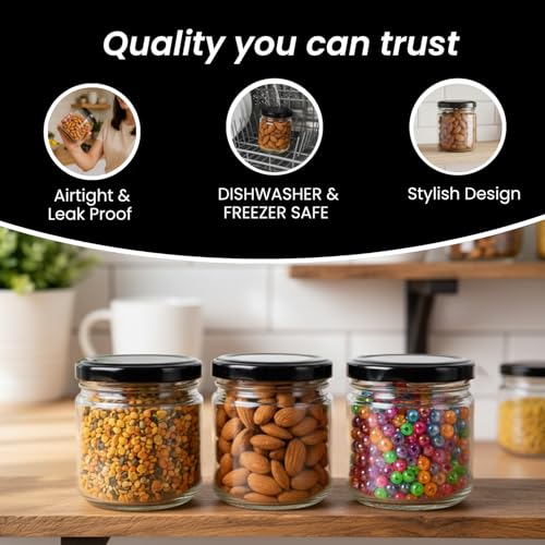 MACHAK Round Glass Jar With Airtight Lid For Kitchen Storage | Glass Food Storage Jars | Grocery Kitchen Container Set | glass storage containers with lid | Black, 200ml (3 Pieces) - Image 4