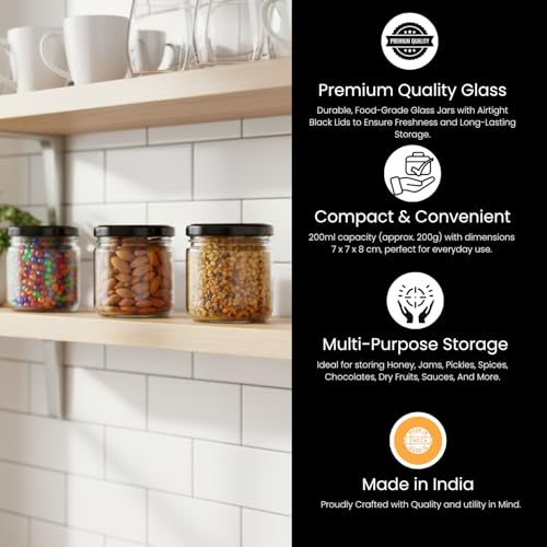 MACHAK Round Glass Jar With Airtight Lid For Kitchen Storage | Glass Food Storage Jars | Grocery Kitchen Container Set | glass storage containers with lid | Black, 200ml (3 Pieces) - Image 2