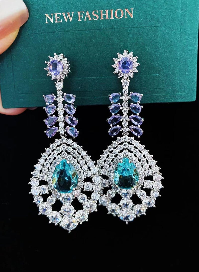 حناء تريندي الخفيفة الفاخرة الثقيلة أحجار زيركون الراين المياه الزرقاء للنساء والفتيات في المناسبات الهامة، مثل الطاووس، يأتي مع صندوق الهدايا اكسسوارات المجوهرات اليومية - Image 2