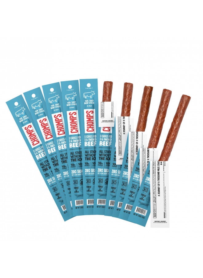 CHOMPS Grass Fed Beef Jerky Meat Snack Sticks, AIP Diet Compliant, Keto, Paleo, Whole30 Approved, Low Carb, Gluten Free, Sugar Free, 90 Calories 1.15 Oz Sticks, Sea Salt Beef 10 Pack - Image 1
