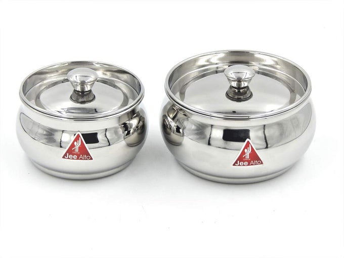 STAINLESS STEEL ROUND APPLE MULTIPURPOSE CONTAINERSERVING DISHSTORAGE POT SMALL SET OF 2 PCS300ML 425 ML SILVER
