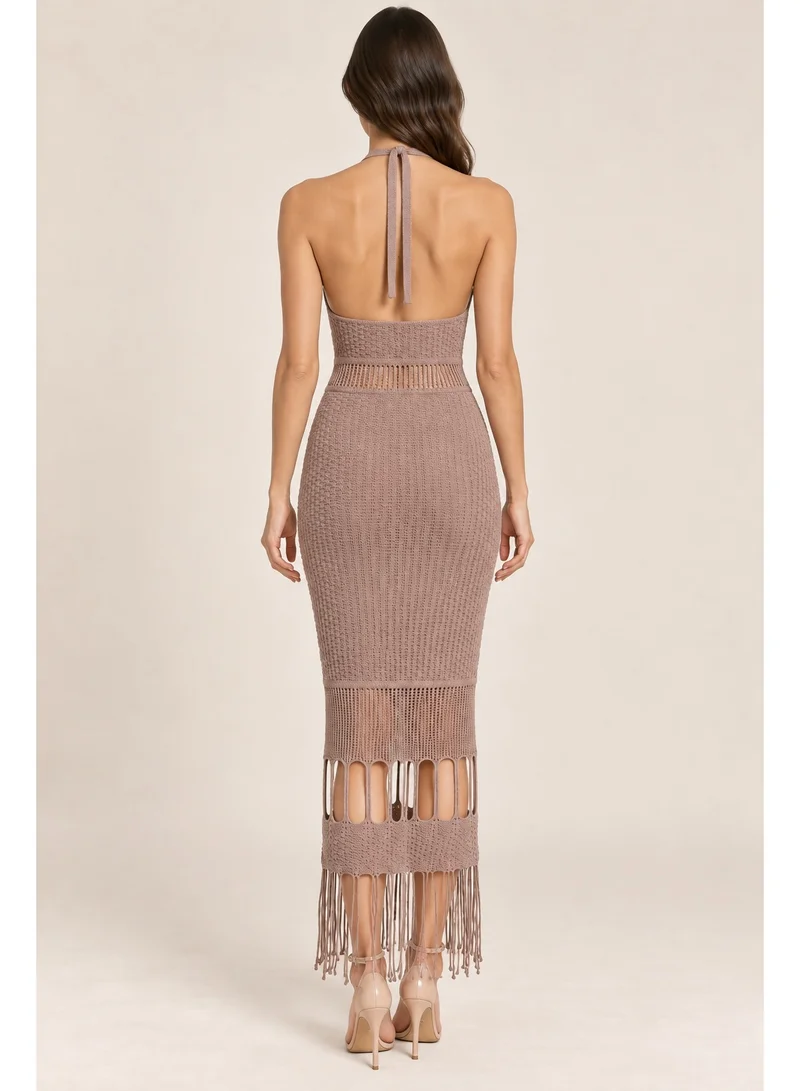 2Trendy Women's Light Brown Midi Crochet Dress with Halter Neck and Fringe Hem