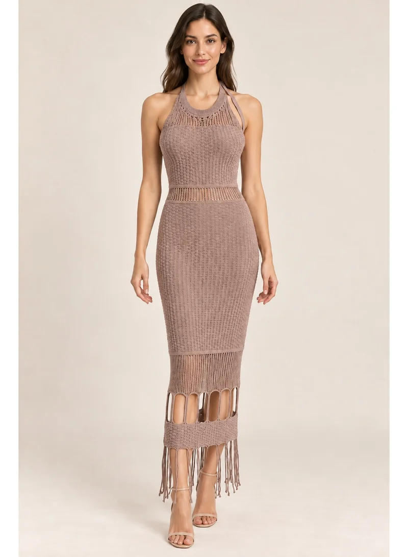 2Trendy Women's Light Brown Midi Crochet Dress with Halter Neck and Fringe Hem